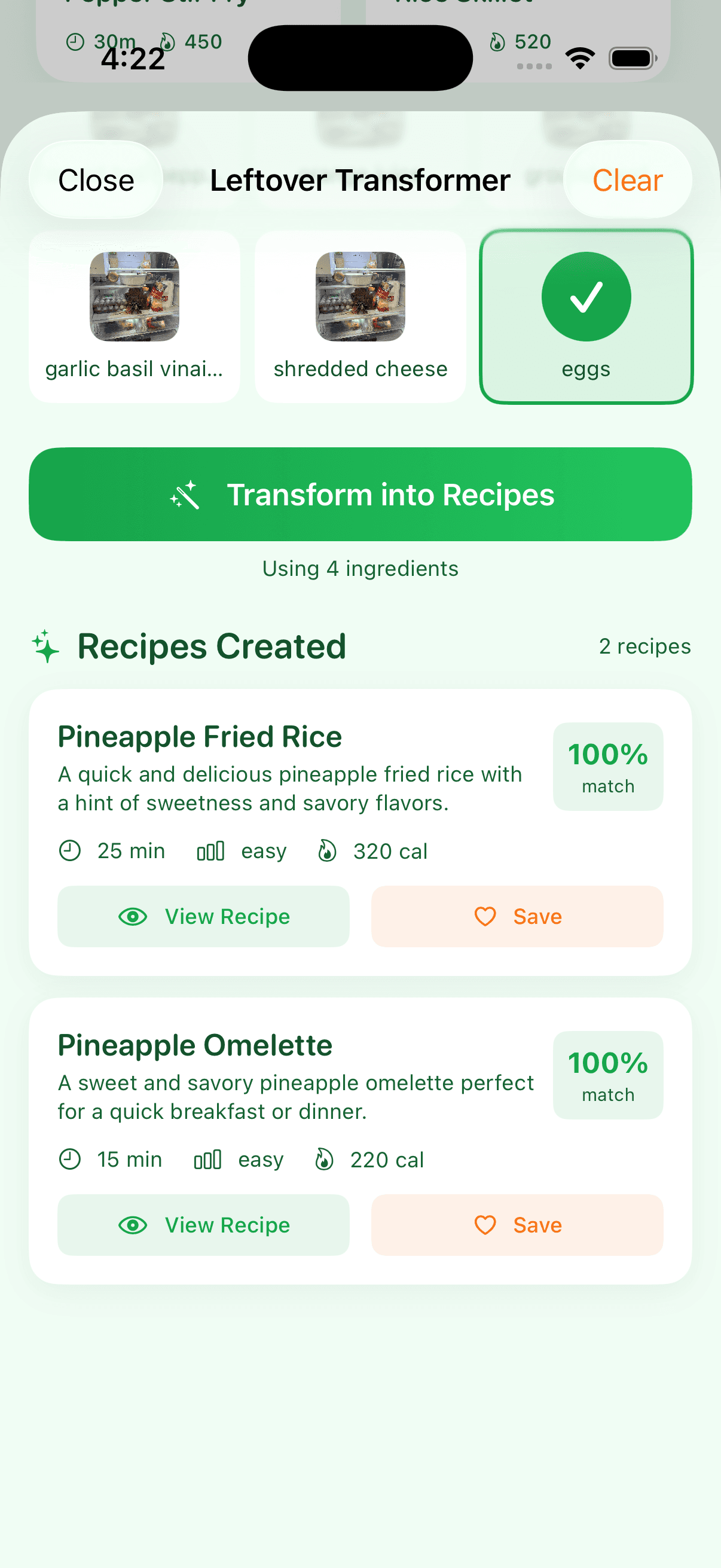 MealPrepAI AI-generated recipe results based on available ingredients