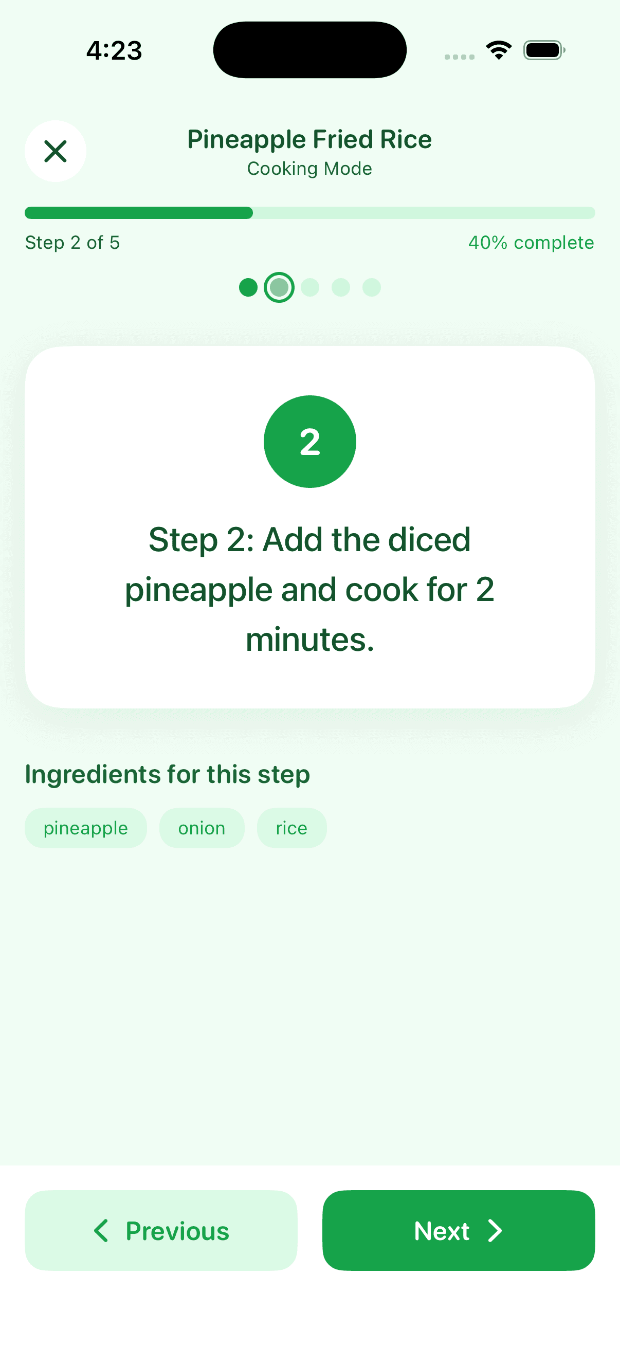 MealPrepAI cooking mode with step-by-step instructions and ingredient tracking
