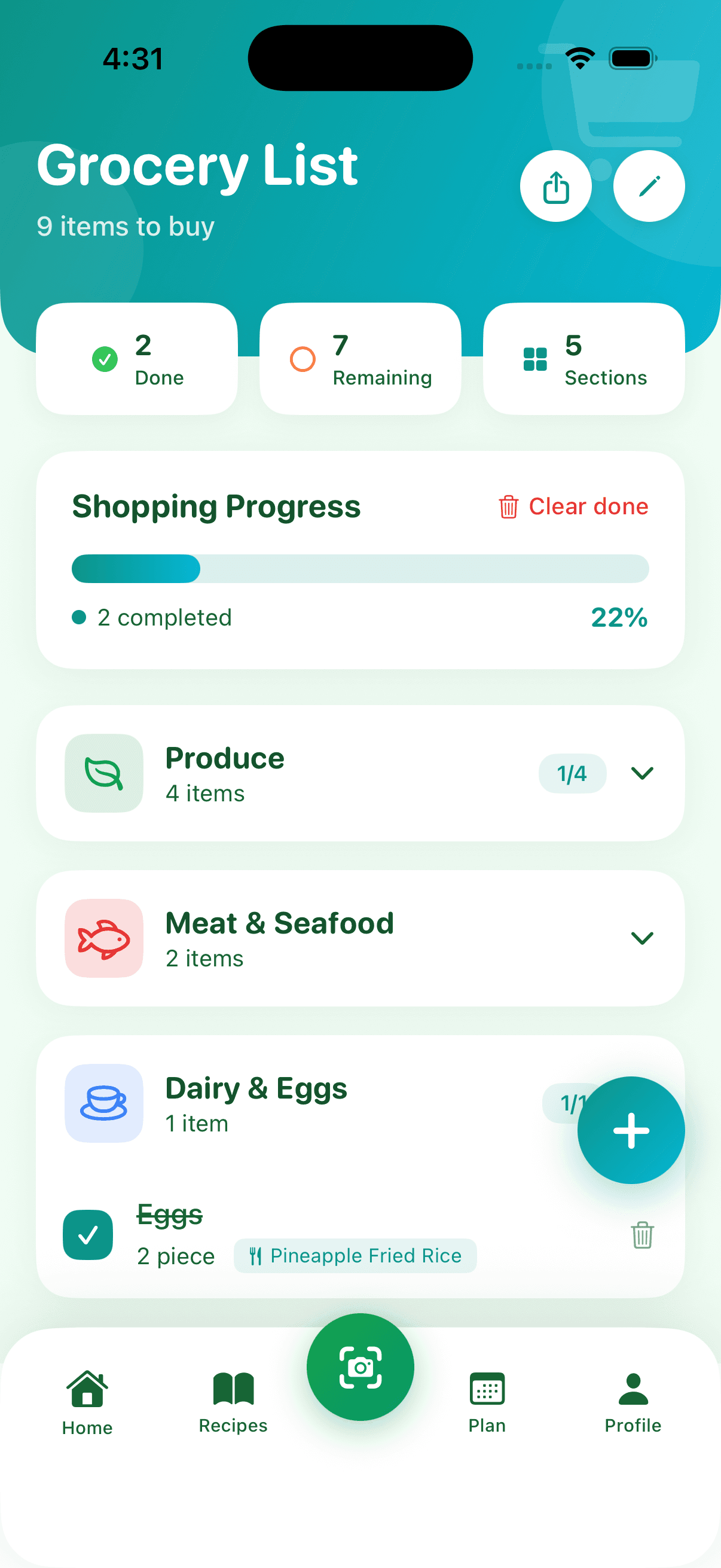 MealPrepAI smart grocery list organized by category with shopping progress