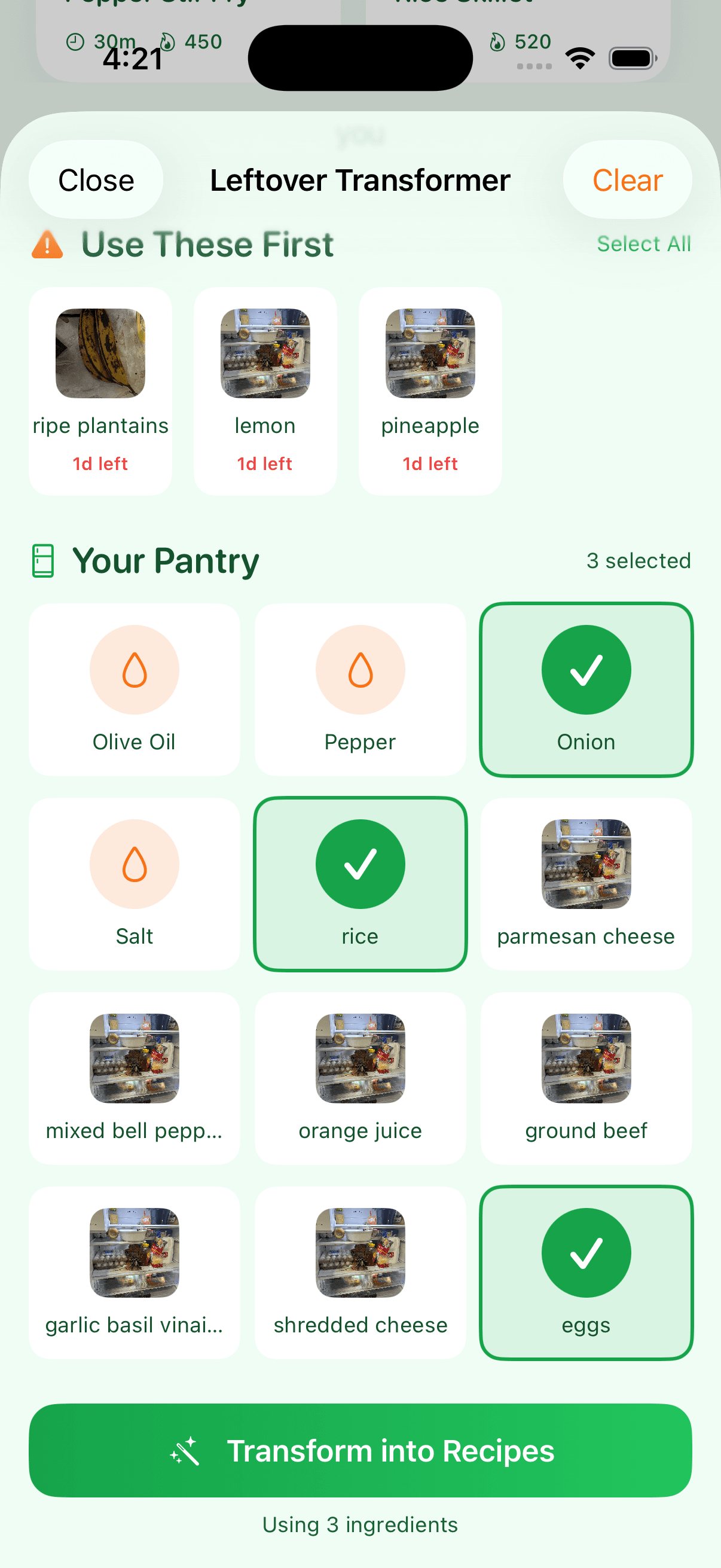 MealPrepAI ingredient selection screen showing pantry items for AI recipe generation