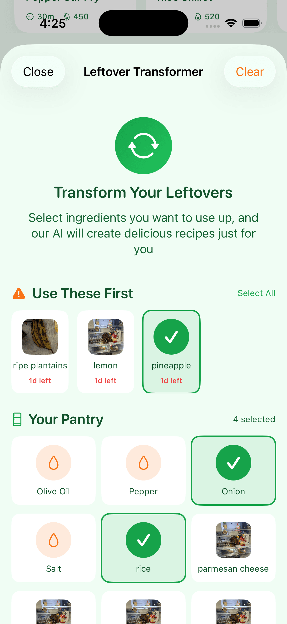 MealPrepAI leftover transformer showing ingredient selection for AI recipe generation
