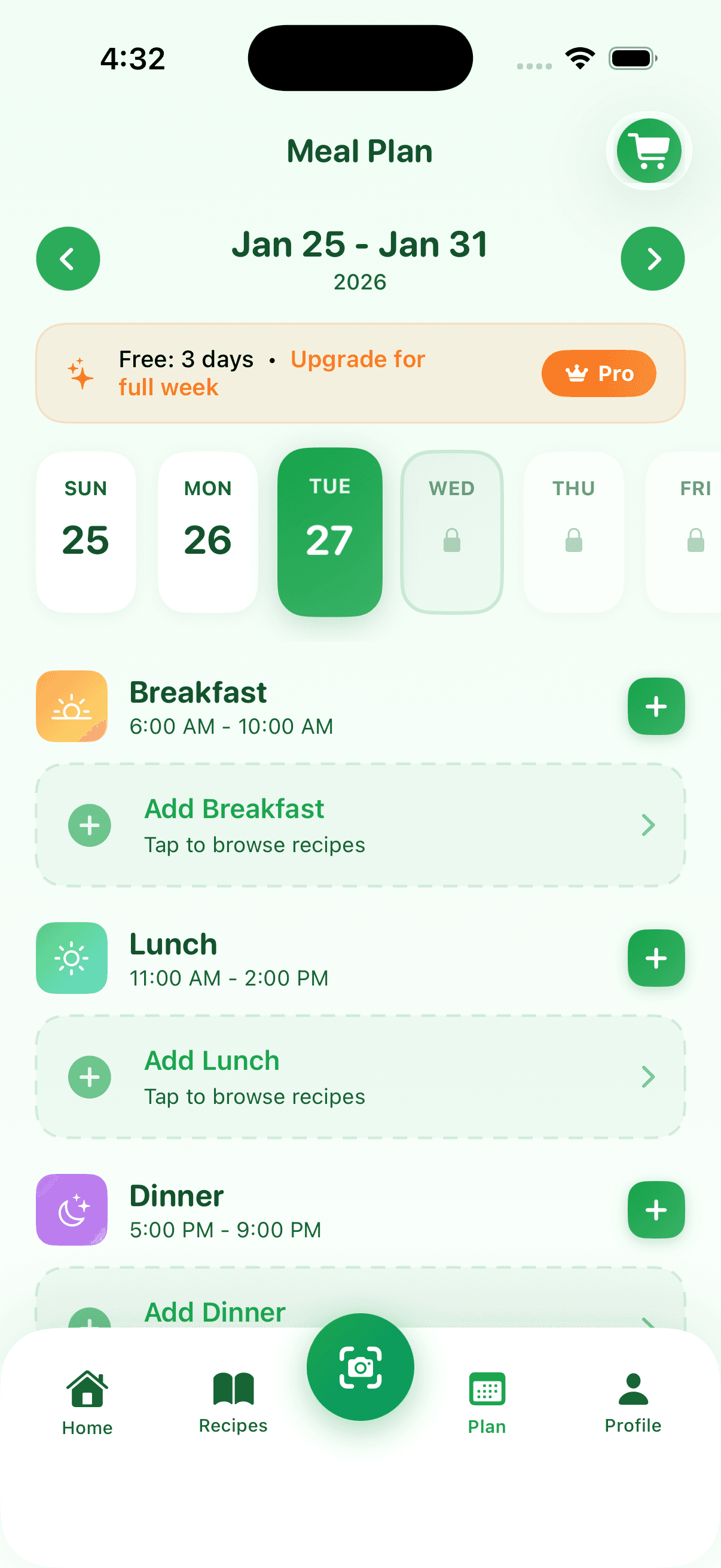 MealPrepAI meal planning interface with breakfast, lunch, and dinner scheduling