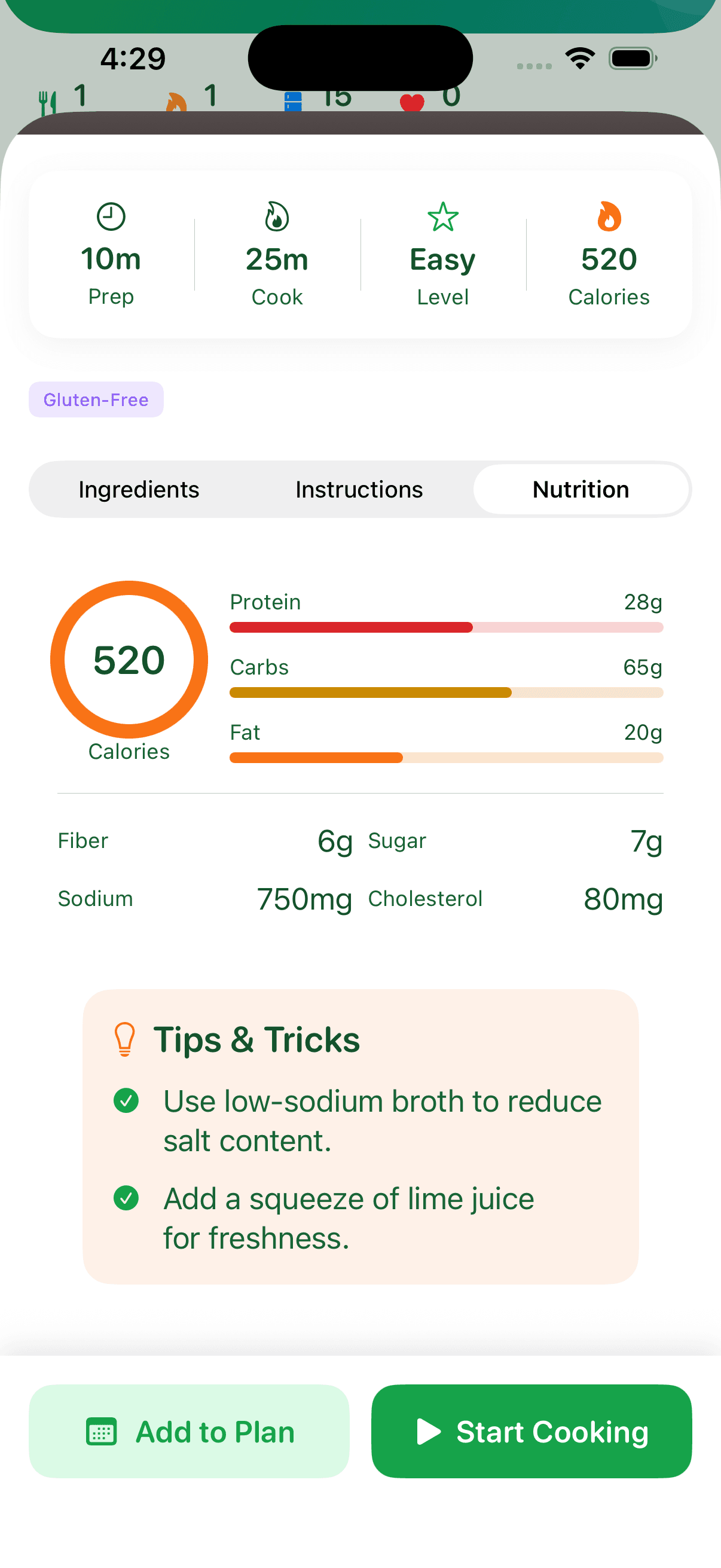 MealPrepAI nutrition tracking showing calories, protein, carbs, and fat breakdown